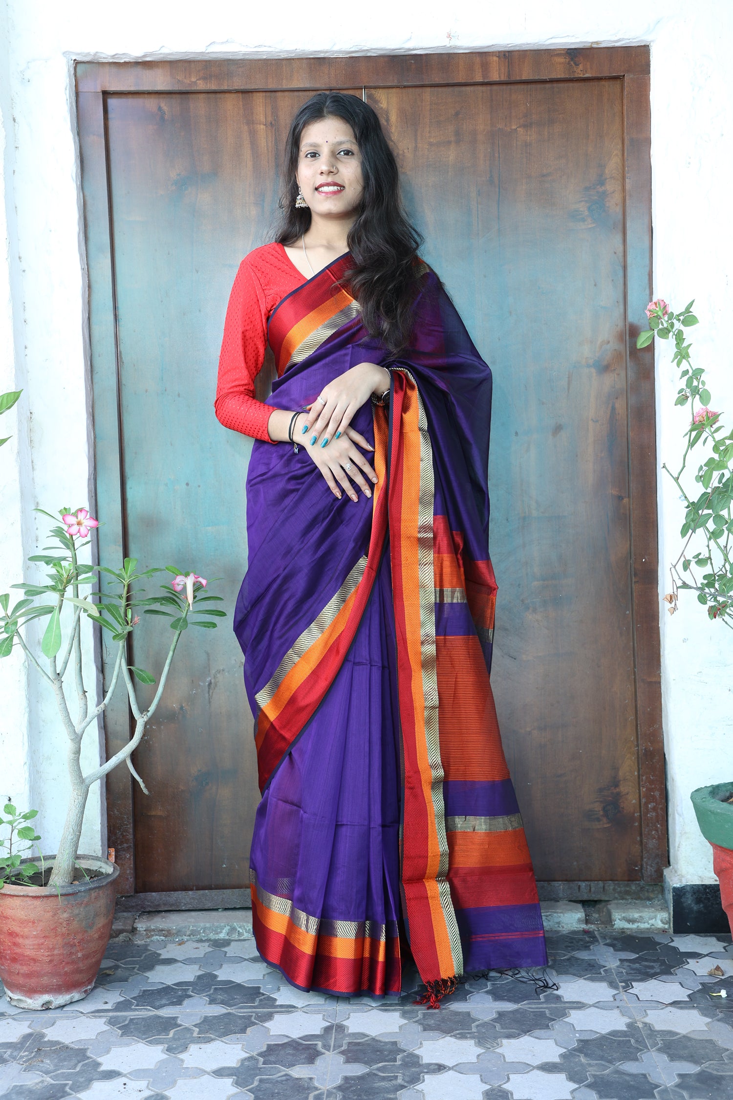 Maheshwari Radiance Saree with Multi-Colour Border