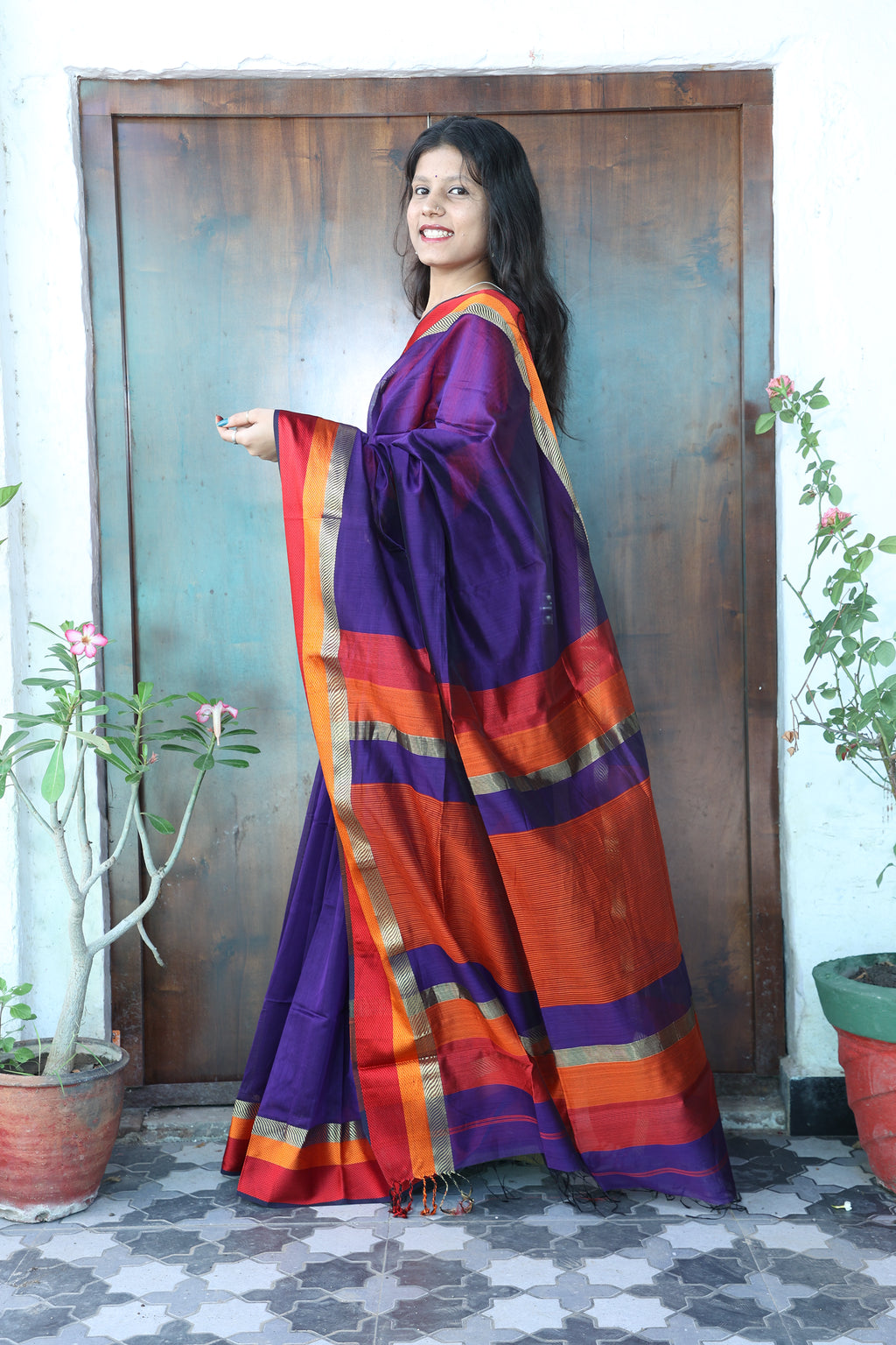 Maheshwari Radiance Saree with Multi-Colour Border