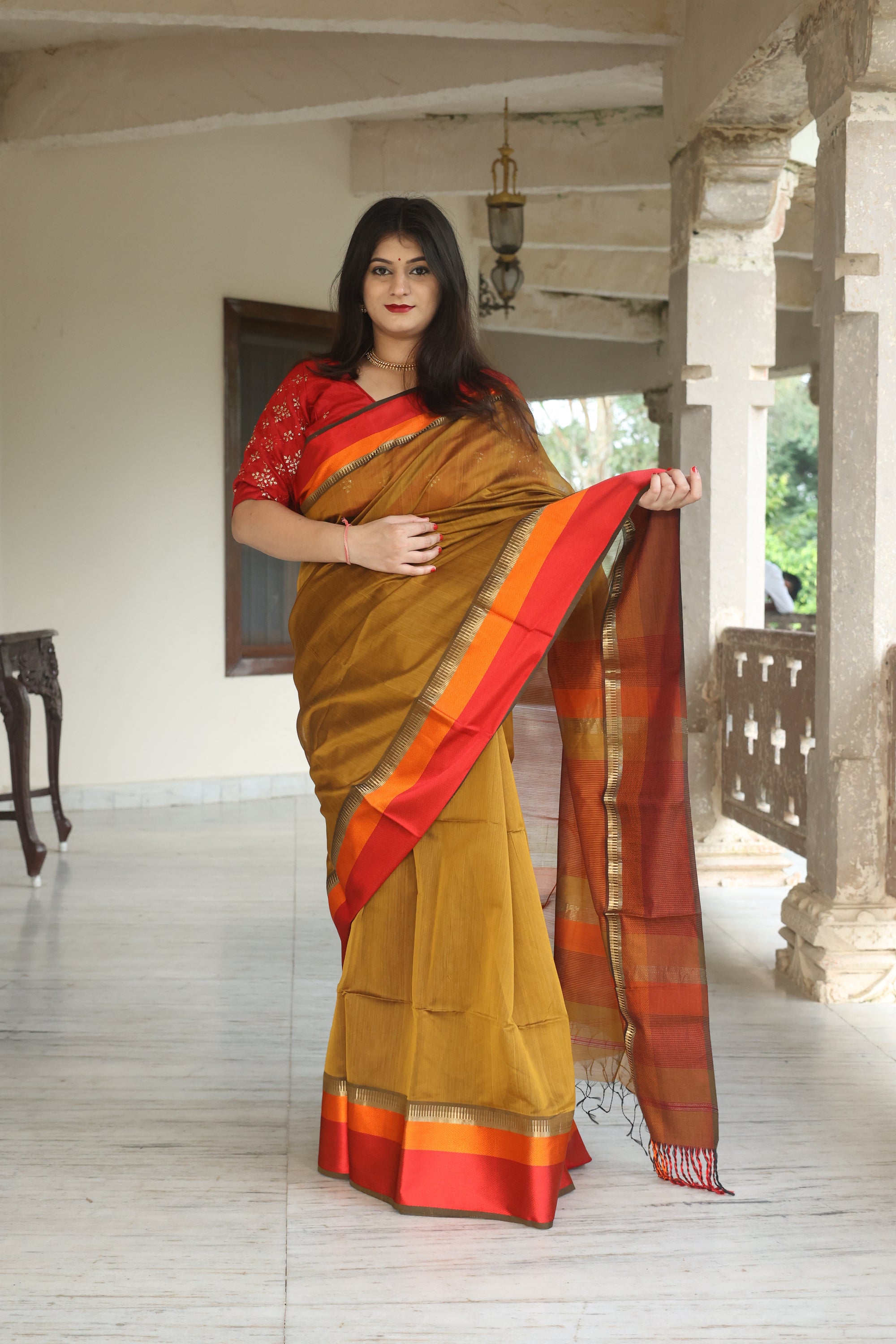 Maheshwari Radiance Saree with Multi-Colour Border
